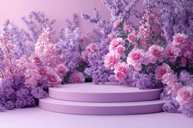 产品展示台上的自然魅力 花卉背景与苗木展示的和谐共生